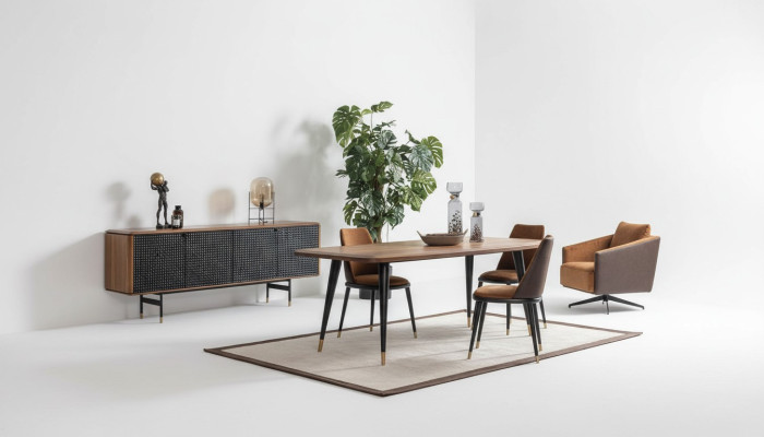 Dining group set with dining table, 4x chairs, sideboard furniture, dining room.