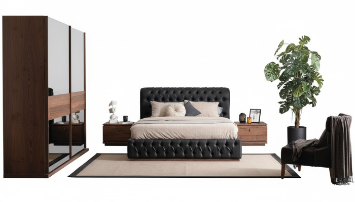 Bed wardrobe 2x nightstand luxury bedroom upholstery design new