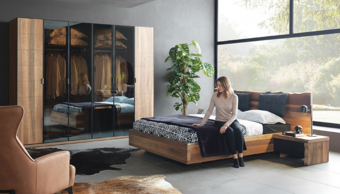 Bedroom bed 2x nightstand wardrobe furniture wood modern set
