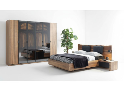 Bedroom bed 2x nightstand wardrobe furniture wood modern set