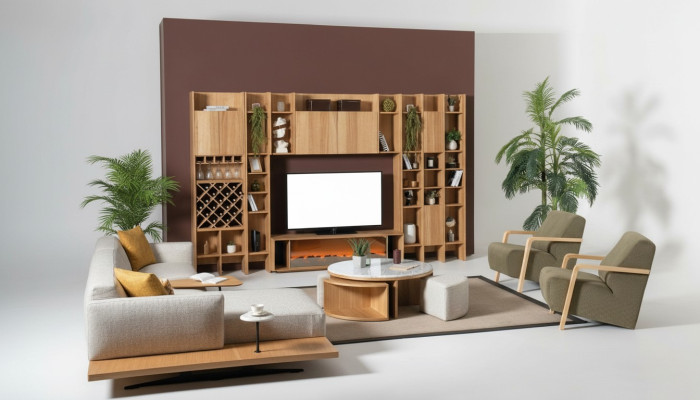 Wall unit with electric fireplace, wall units, corner sofa, armchair, complete set, 5-piece set