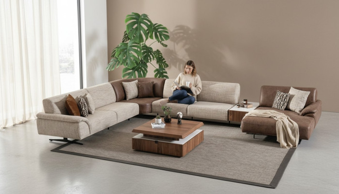 Corner sofa set, design modern coffee table, brown 2-piece.