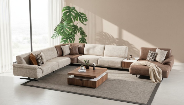 Corner sofa set, design modern coffee table, brown 2-piece.