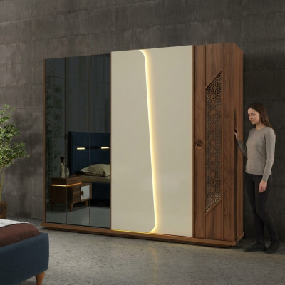 Bedroom wardrobe closet wood design brown luxury LED cabinets