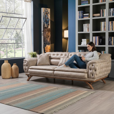 Chesterfield 3-seater beige design couches, upholstered sofas, textile couch