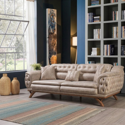 Chesterfield 3-seater beige design couches, upholstered sofas, textile couch