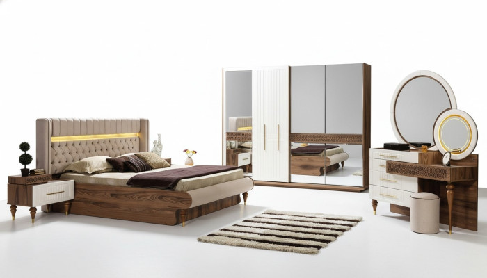 Bedroom Bed 2x Bedside Tables 5-piece Set Complete Design Furniture Luxury