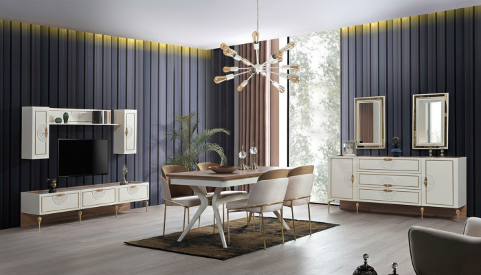 Dining room set: table, 4 chairs, sideboard, 2 mirrors, wall unit, 11 pieces.