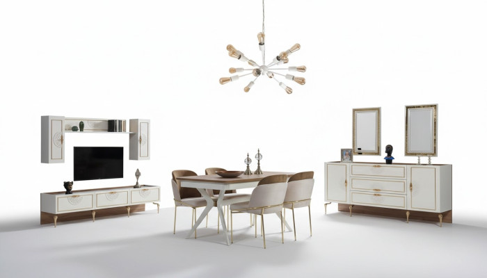 Dining room set: table, 4 chairs, sideboard, 2 mirrors, wall unit, 11 pieces.