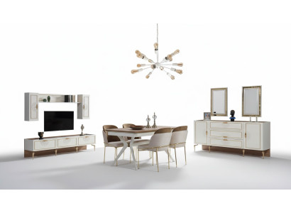 Dining room set: table, 4 chairs, sideboard, 2 mirrors, wall unit, 11 pieces.