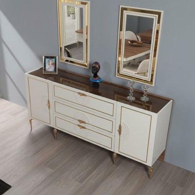 Living room set: sideboard with 2x mirror set, wood, 3-piece, white sideboard