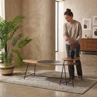 Modern table coffee table side table design living room wood oval 2-piece.