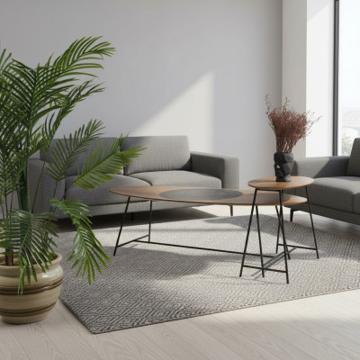 Modern table coffee table side table design living room wood oval 2-piece.