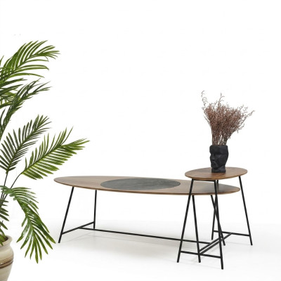 Modern table coffee table side table design living room wood oval 2-piece.
