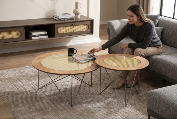 Italian Style 2x Coffee Tables Round Luxury Brown Living Room Table