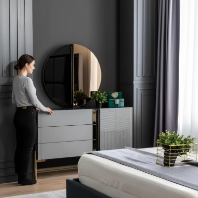Beautiful dresser with mirror in shades of gray with gold inlays
