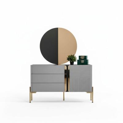 Beautiful dresser with mirror in shades of gray with gold inlays