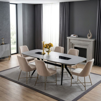 Modern, definitely beautiful table with chairs in shades of gray and beige.