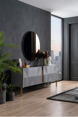 Sideboard Mirror Set Italian Style 2 Pieces Living Room Wooden Dresser Cabinet