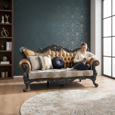 Exquisite sofa in classic style with golden elements for the living room