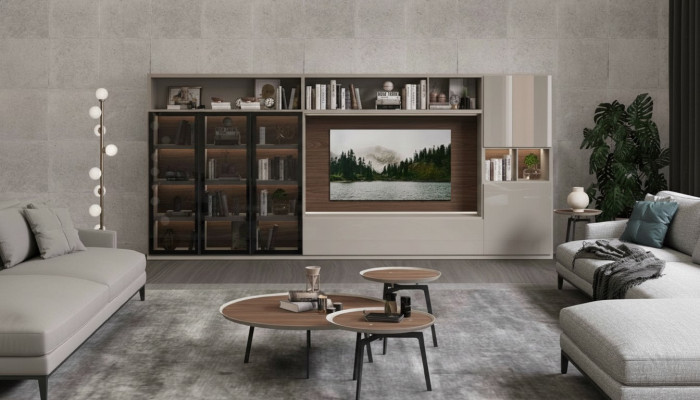 Large living room wall unit with glass doors, modern living room furniture, cabinet furniture.