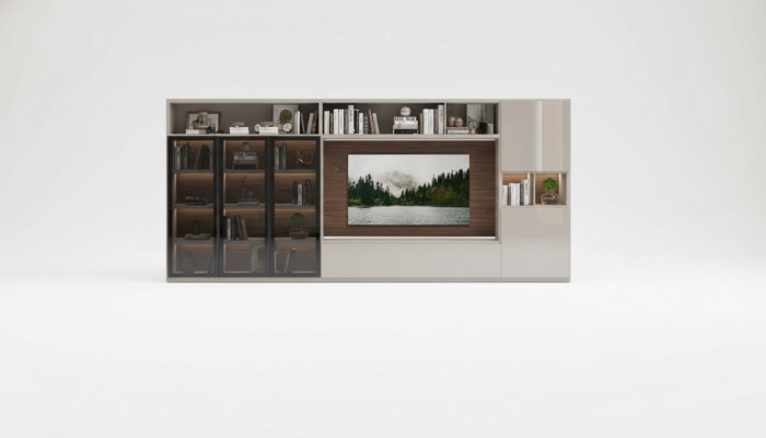 Large living room wall unit with glass doors, modern living room furniture, cabinet furniture.
