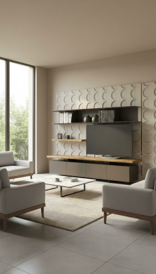 Modern TV stand with wall shelves, luxury storage cabinets, natural walnut