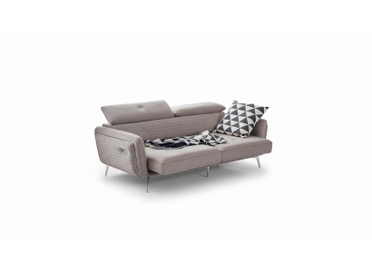 Luxurious, fashionable two-seater sofa with fabric upholstery on high legs