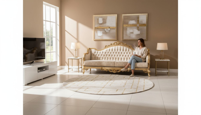 Three-seater classic baroque rococo upholstered sofa in golden wood quality