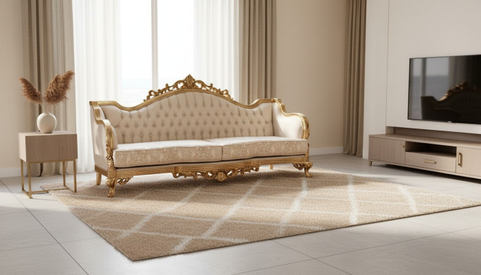 Three-seater classic baroque rococo upholstered sofa in golden wood quality