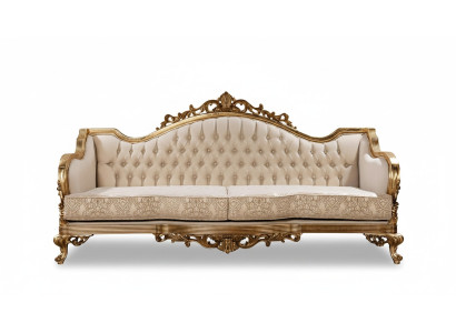 Three-seater classic baroque rococo upholstered sofa in golden wood quality