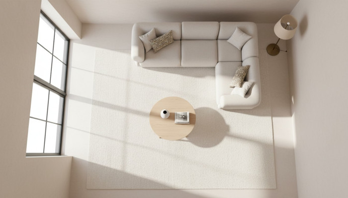 L-shaped beige upholstered sofa, living room furniture, textile, modern style.