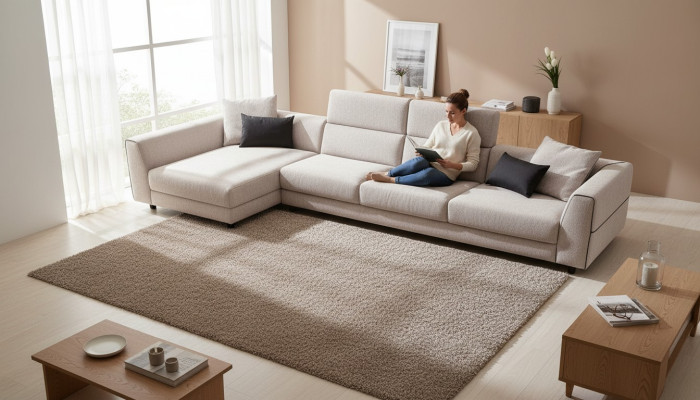 Beige L-shaped corner sofa living room couch textile designer modern