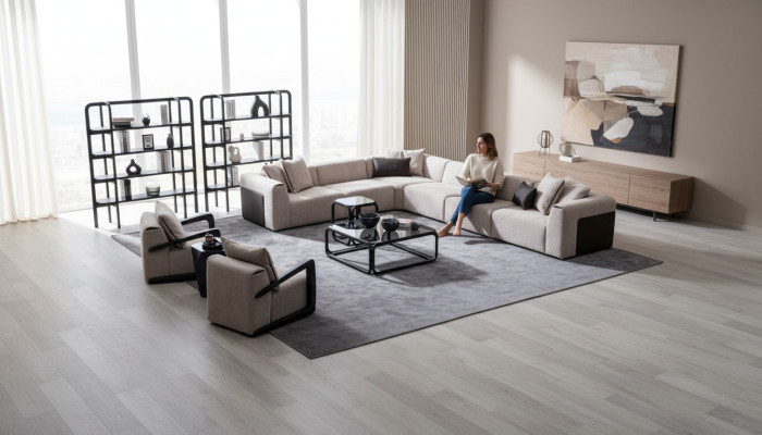 Modern sofa set L-shaped couch with armchair gray corner couch textile sofa