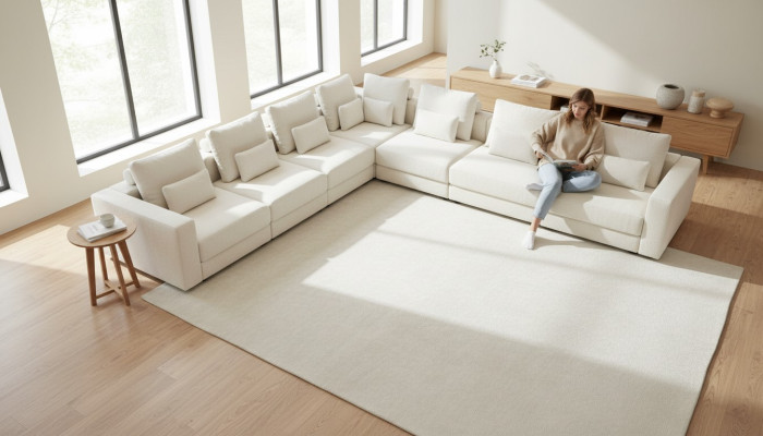 White seating ensemble corner sofa, textile sofas, living room corner set, modern