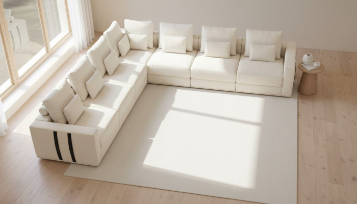 White seating ensemble corner sofa, textile sofas, living room corner set, modern
