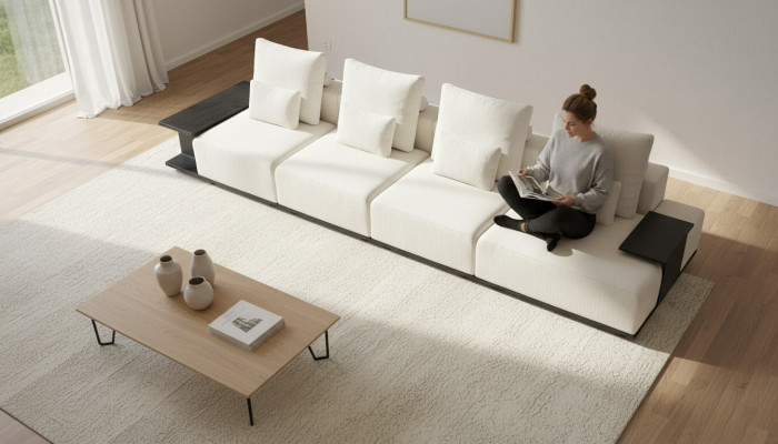 White five-seater textile sofa living room furniture upholstered sofa recliner sofa