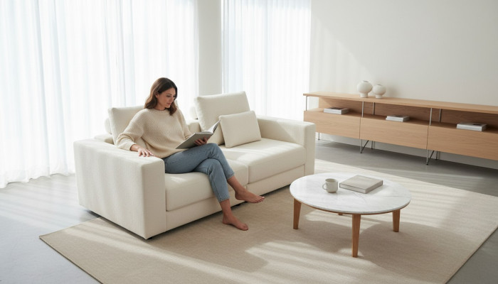 White upholstered sofa modern couch three-seater textile furniture wooden frame new