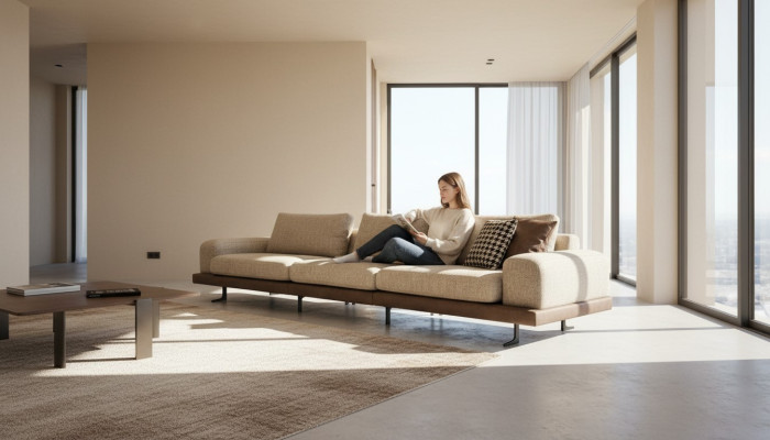 Beige five-seater upholstered sofa textile couch seating furniture living room