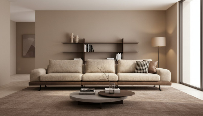 Beige five-seater upholstered sofa textile couch seating furniture living room