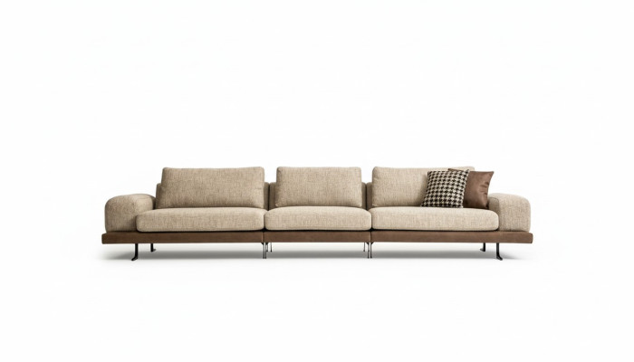 Beige five-seater upholstered sofa textile couch seating furniture living room