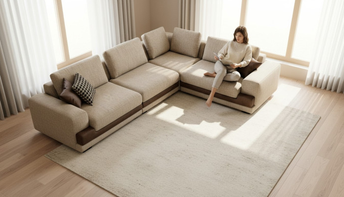 Beige corner sofa upholstered sectional L-shaped sofa modern living room couch