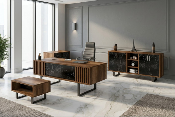 Desk office set with a marble table and office cabinet, 4-piece set.