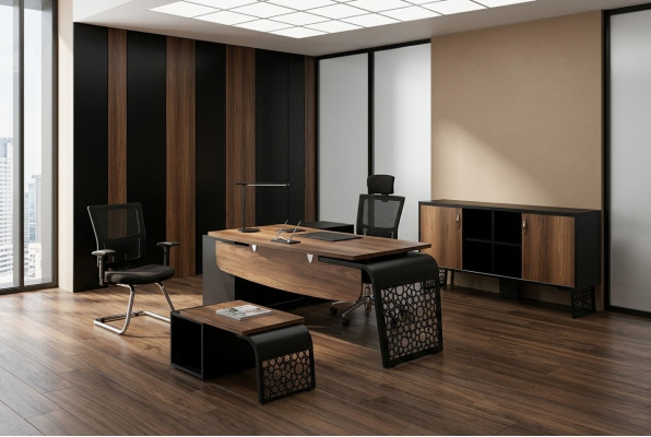 Modern office furniture set, workplace design, corner desk, cabinet