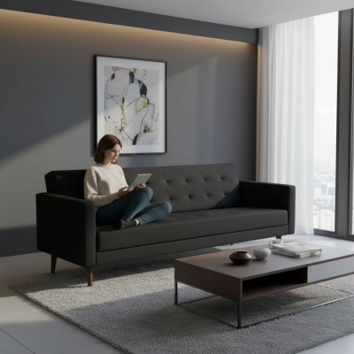 Black Sofa 3 Seater Office Textile Furniture Couch Upholstery Fabric
