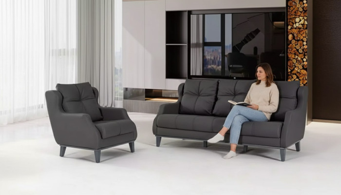 Black sofa set armchair two-seater luxury modern upholstered seat 2+1