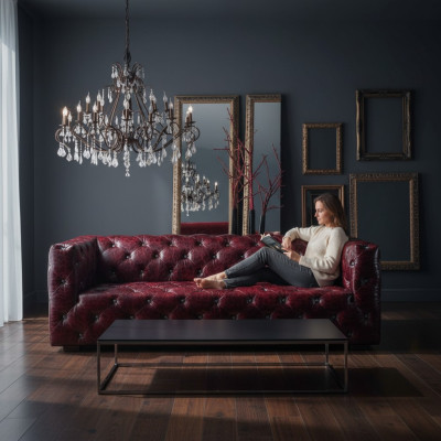 Chesterfield Sofa 3-Seater Leather Sofa Couch Upholstered Sofa Bordeaux Leather Sofas