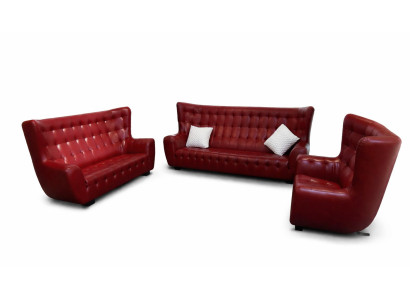 Chesterfield Sofa Set Armchair 3-Piece Leather Sofa Red Modern
