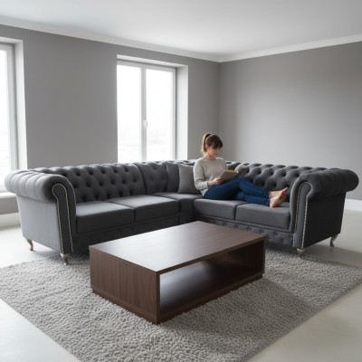 Chesterfield L-shape sectional sofa couch design upholstered fabric sofa corner couches