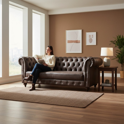 3-seater Chesterfield couch genuine leather sofas brown couches furniture